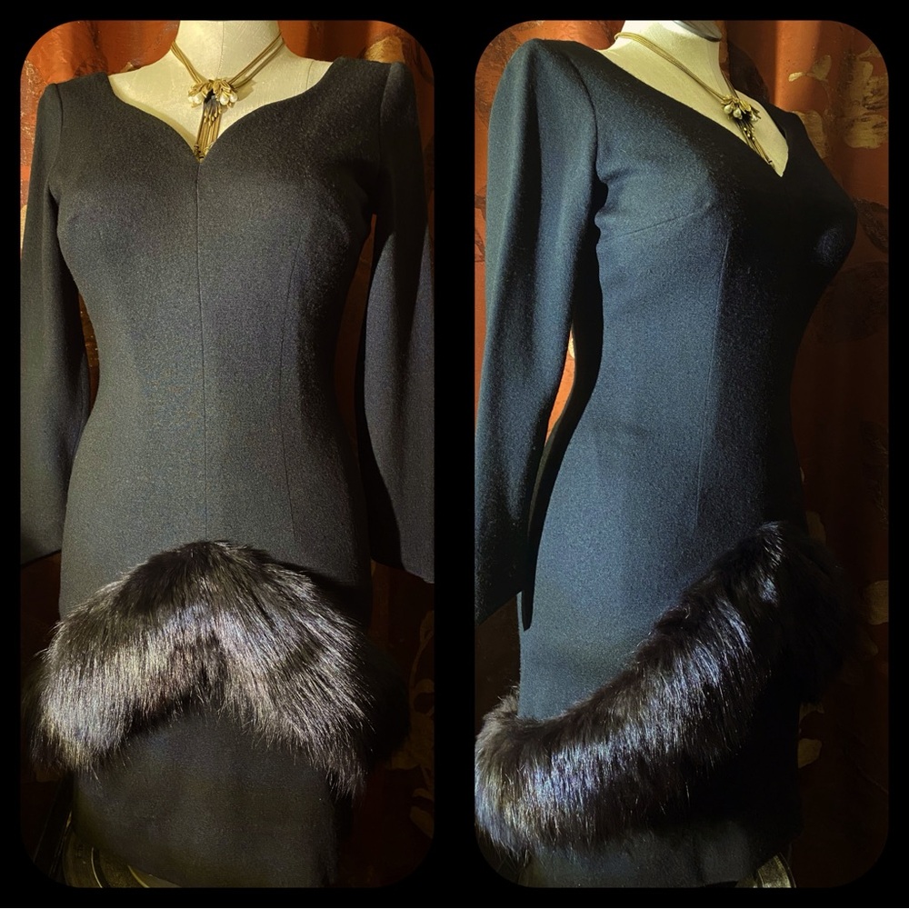 "1960s Claralura Original Black Wool Dress - NWT Vintage Elegance with Fur Trim"